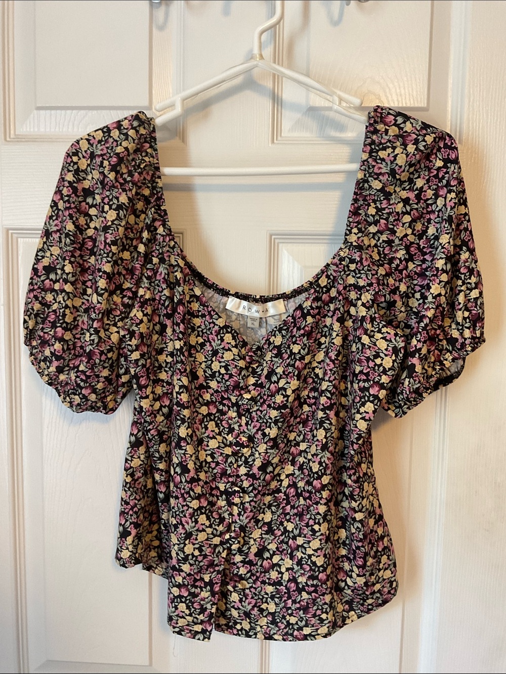 Row A Floral Cottagecore Women's Cropped Button Up Balloon Sleeves Top Size XL